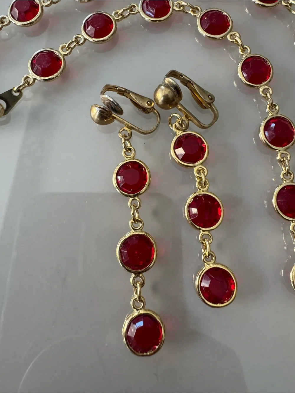 Gold-Tone Red Faceted Crystal‎ Necklace and Clip Earrings Set